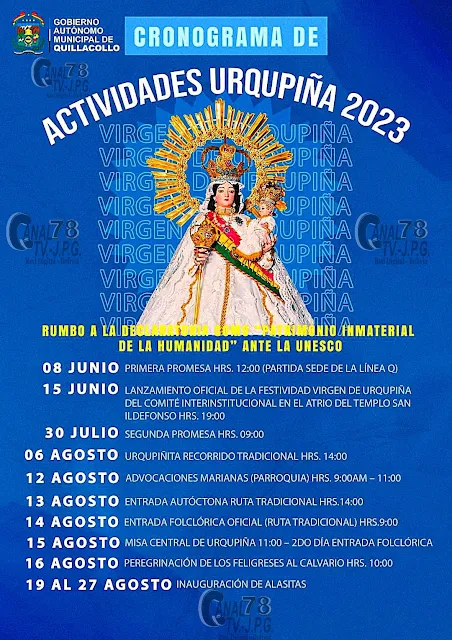 CRONOGRAMA DE ACTIVIDADES DE LA FESTIVIDAD DE LA VIRGEN DE URKUPIÑA 2023