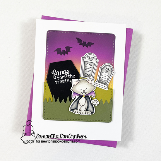 Halloween Vampire Cat Card by Samantha VanArnhem | Count Newton Stamp Set, Land Borders Die Set and Frames & Flags Die Set by Newton's Nook Designs #newtonsnook