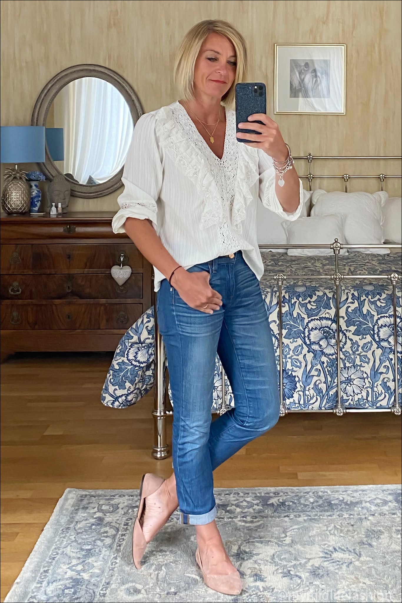 my midlife fashion, Zara embroidered white blouse, j crew boyfriend jeans, h and m suede cut out ballet flats