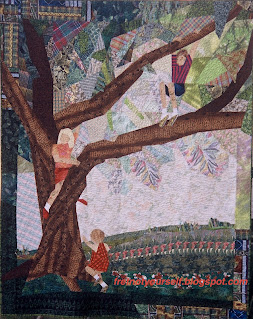 An original art quilt of three children climbing the live oak in their yard.