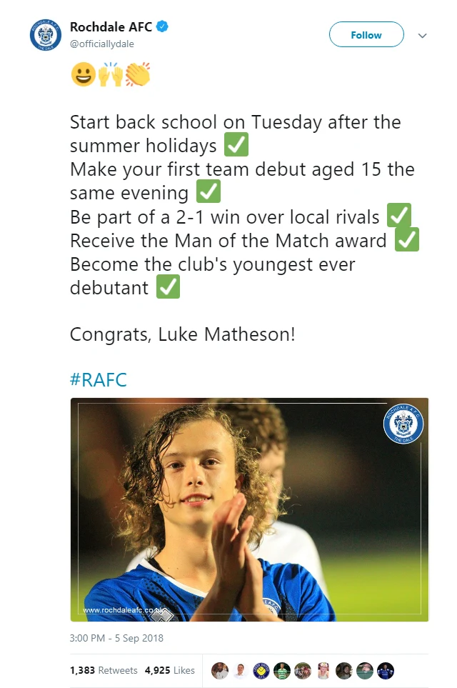 Luke Matheson returns from school to pick up Man of the Match award on Rochdale debut