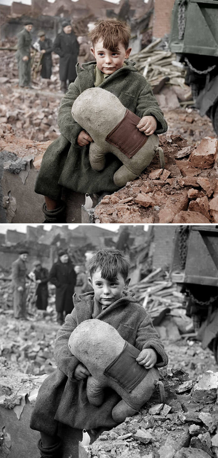 Digital Artist Colorizes The Last Heartbreaking Pictures Of A 14-Year-Old Polish Girl In Auschwitz - English Orphan In London, 1945