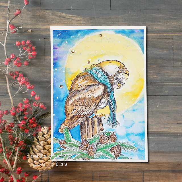 Katkin Krafts Christmas 2023 stamp designs. Card ideas by Lou Sims using Wisdom Owl stamp set