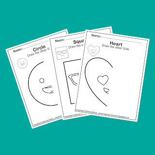 symmetry shapes faces draw the other half of the picture free printable preschool coloring pages ( circle, square,rectangle,triangle,rhombus,heart,hexagon,pentagon,oval)