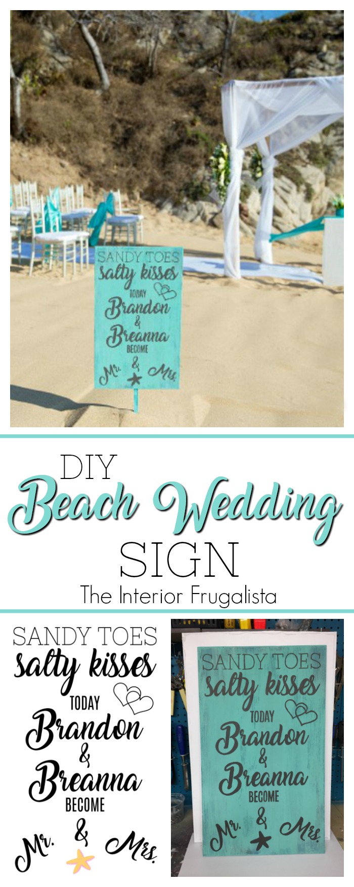 Planning a beach destination wedding? Here's a fun idea for a DIY Beach Wedding Sign that can fit in a suitcase and be assembled at the resort. #diyweddingdecor #weddingsign #destinationweddingidea #beachweddingsign