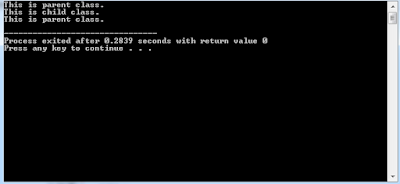 Create a class with a method that prints "This is parent class" and its subclass with another method that prints "This is child class". Now, create an object for each of the class and call 1 - method of parent class by object of parent class 2 - method of child class by object of child class 3 - method of parent class by object of child class