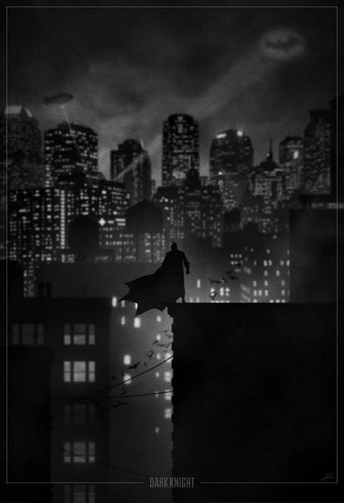 marko manev ilustração poster super heróis noir minimalista preto e branco batman cavaleiro das trevas