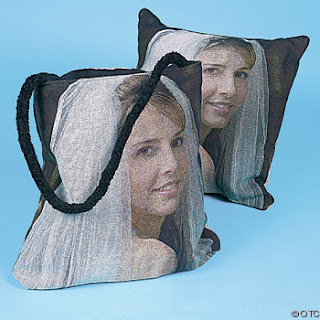 photo of a bride on a pillow and a tote bag