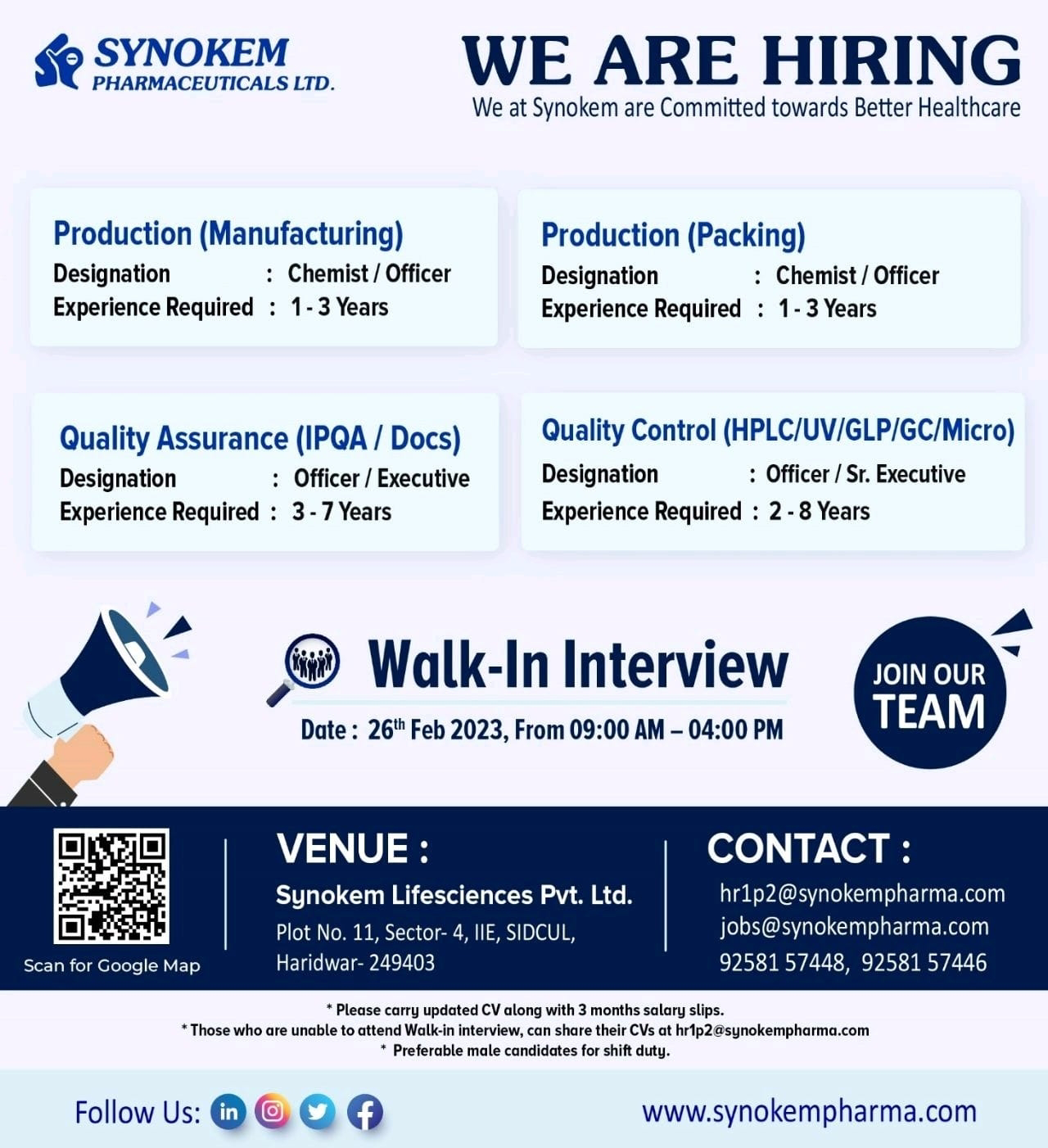 Job Availables, Synokem Lifesciences Pvt Ltd Walk In Interview For Production/ Quality Assurance/ Quality Control Department