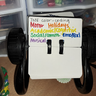 Picture of a rolodex opened up to a card that states, "TME color-coding. motor, holidays, academic/cognitive; social/communication; emotional/behavioral (in abbreviation to allow for space); musical." The words are written in different colors to correspond to the organizational system indicated in the blog post.