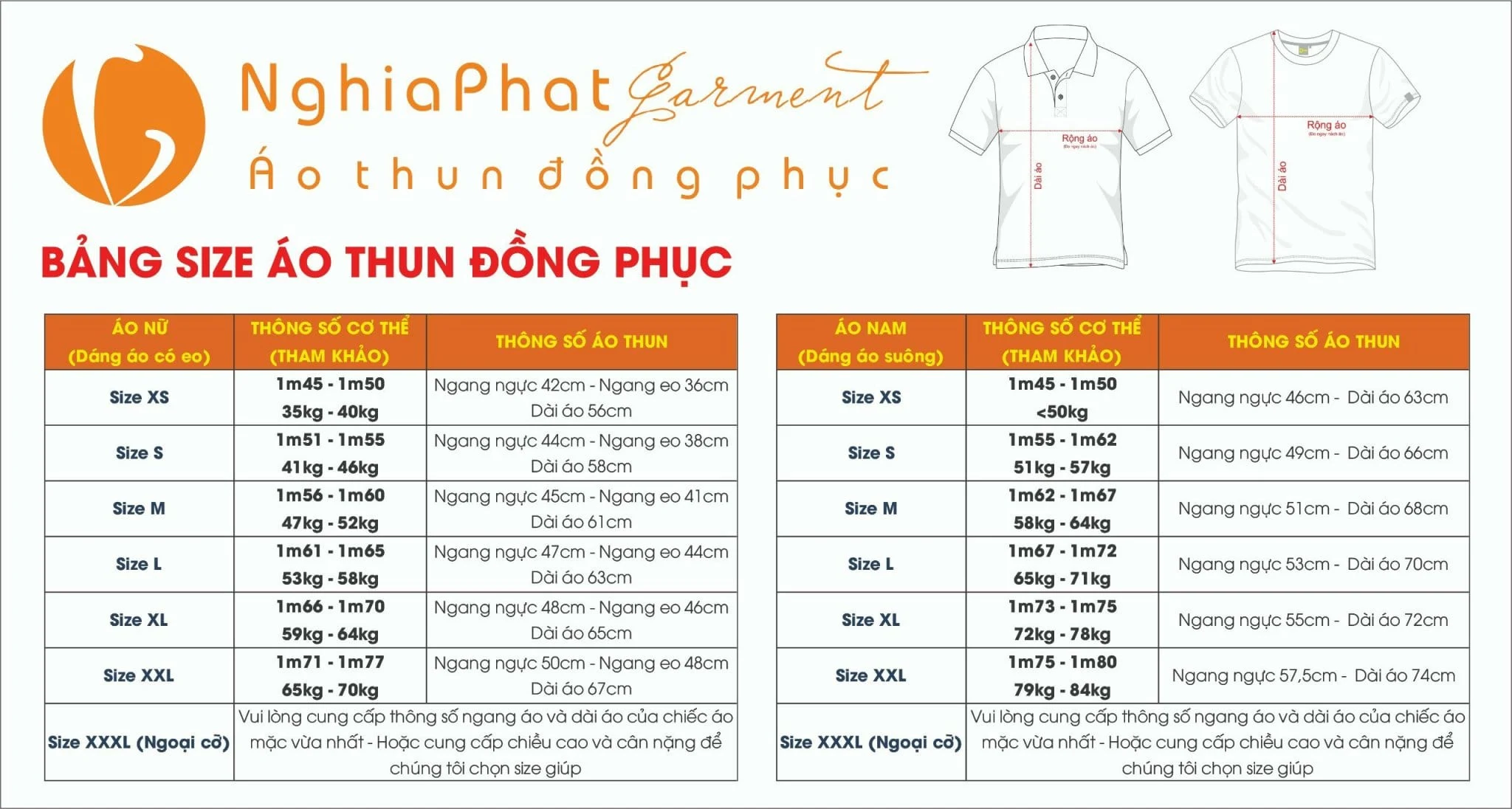 Bảng size áo thun đồng phục