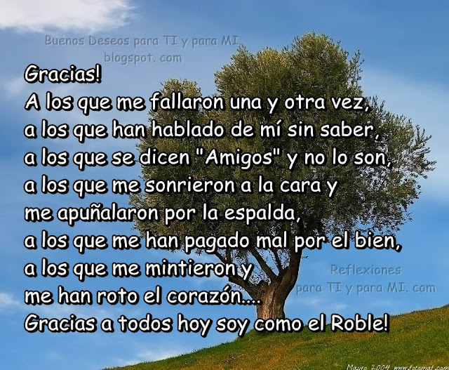 Gracias ! A los que me fallaron una y otra vez, a los que ha hablado de mí sin saber, a los que se dicen "Amigos" y no lo son, a los que me sonrieron a la cara y me apuñalaron por la espalda, a los que me han pagado mal por el bien, a los que me mintieron y me han roto el corazón... Gracia a todos hoy soy como el Roble!