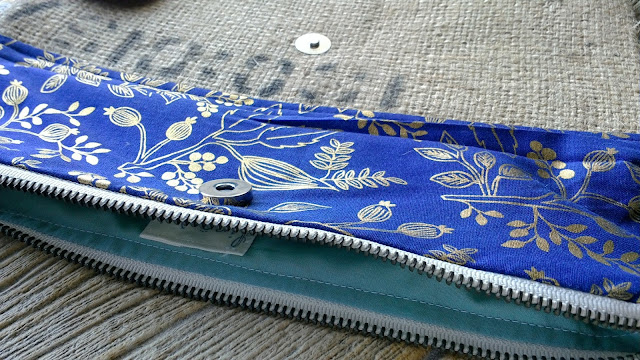 Gold and Navy Blue Branch burlap wristlet by Lina and Vi - linaandvi.etsy.com - Rifle Paper Co for Cotton+Steel