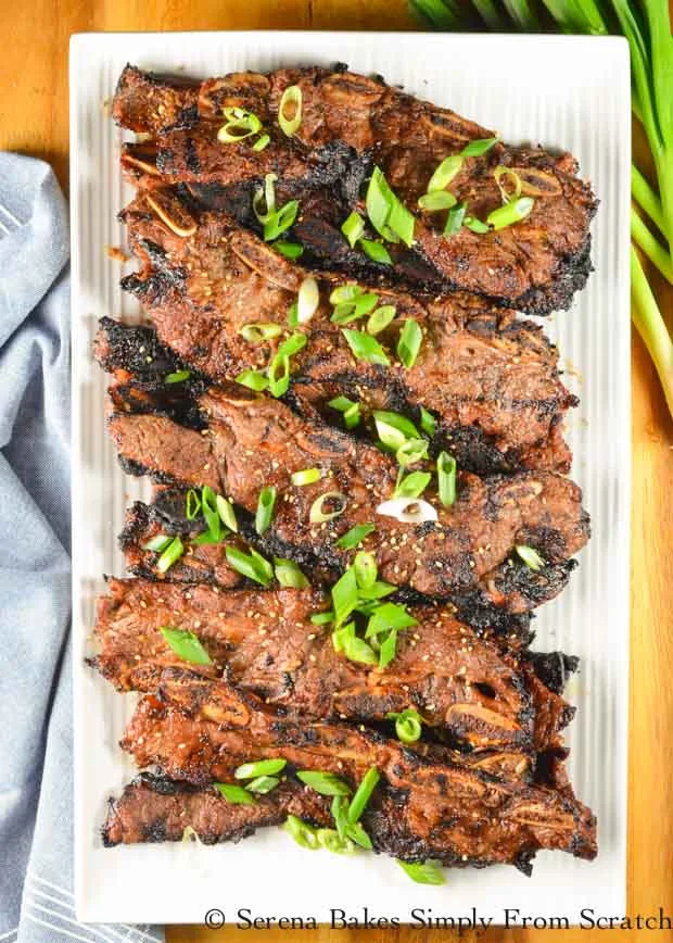 Galbi Korean BBQ Short Ribs recipe with green onions and sesame seeds from Serena Bakes Simply From Scratch.