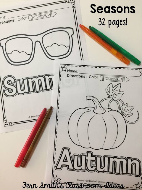 Do You Teach the Seasons? Thirty-Two Coloring Pages for The Seasons" Eight Pages Per Season. Summer, Winter, Spring and Fall. You and Your Students Will Adore Them! #FernSmithsClassroomIdeas