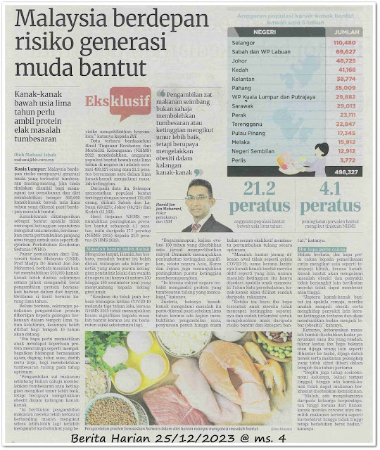 500,000 kanak-kanak risiko bantut ; Malaysia berdepan risiko generasi muda bantut - Keratan akhbar Berita Harian 25 Disember 2023