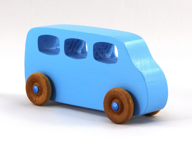 Wood Toy Minivan, Handmade and Finished with Baby Blue and Metallic Blue Acrylic Paint and Amber Shellac, Play Pal Series
