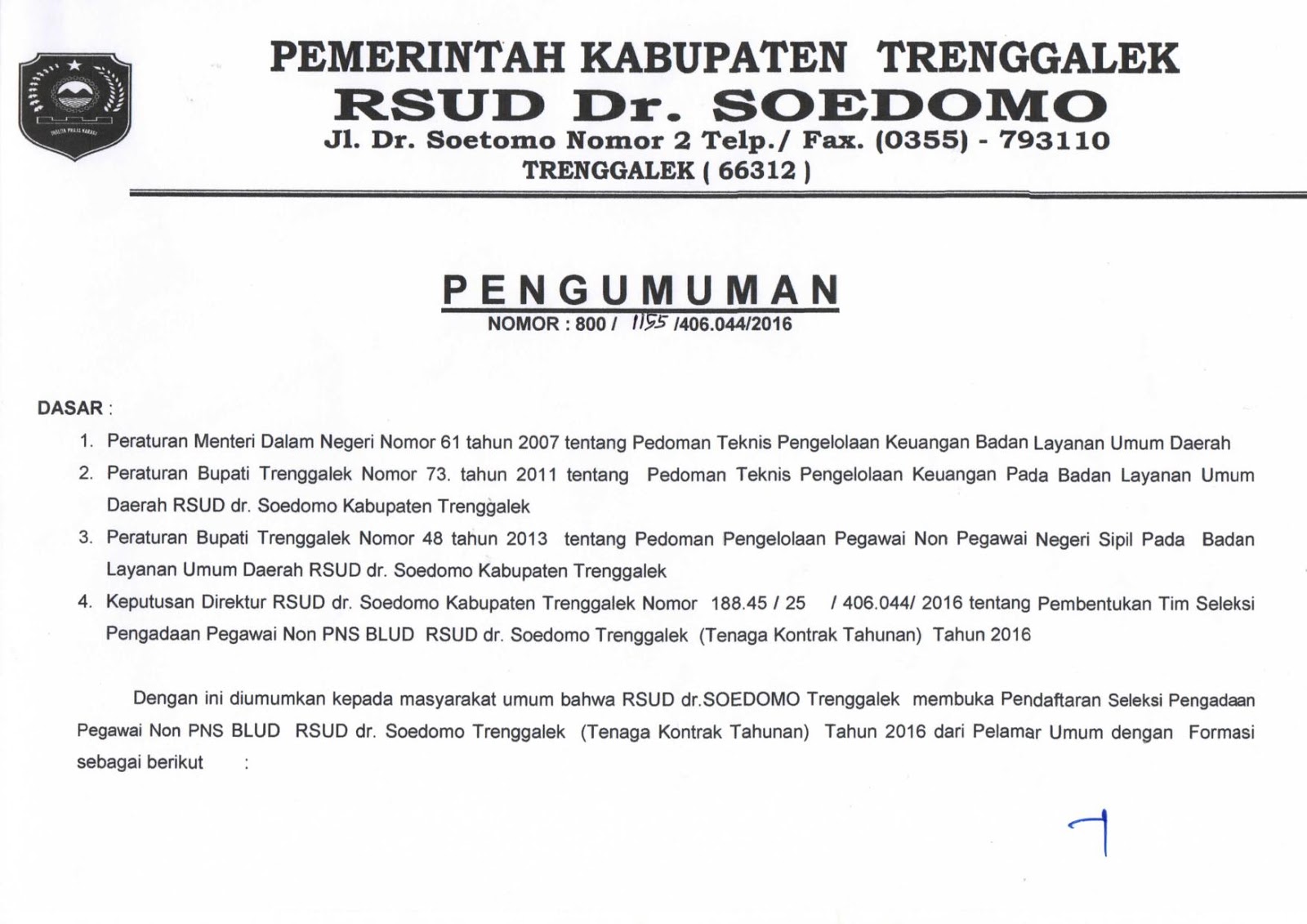 Lowongan Kerja Non PNS di RSUD Kabupaten Trenggalek, Jawa 