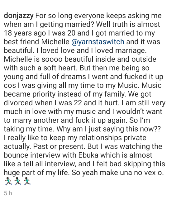 I was 20 and I got married to Michelle, we got divorced when I was 22 - Don Jazzy