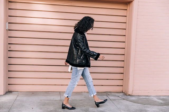 pancakestacker blog; #ootd; outfit; boohoo faux shearling aviator jacket; retro super future sunglasses; Levi's wedgie distressed denim; everlane day heel 