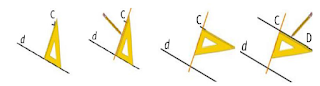 الكوس عمودي على المستقيم d ويلامس النقطة C ثم نرسم المستقيم  الذي يوصل بينهما، نضع الكوس عمودي على المستقيم الجديد ، ونرسم المستقيم الموازي للمستقيم d
