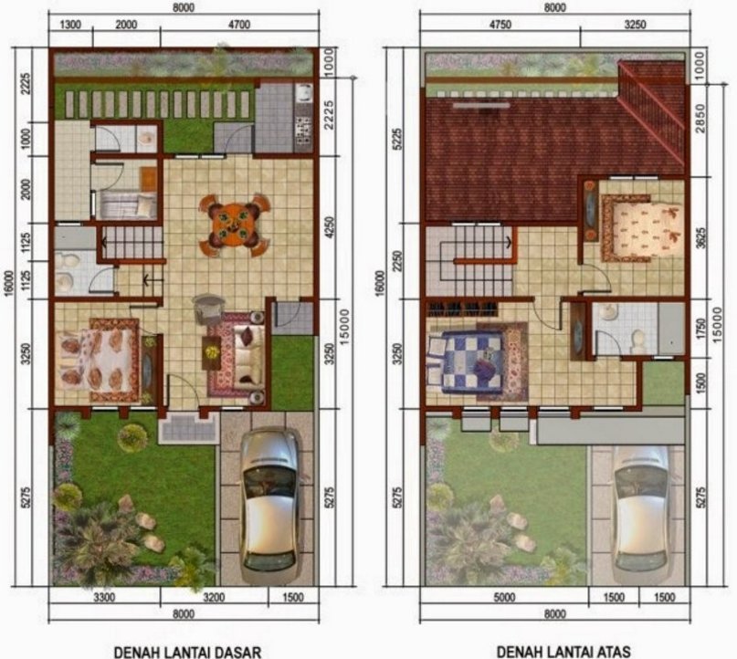 denah rumah 8x10 m 2 lantai tampak modern