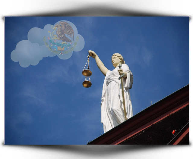 Composição: A justiça e uma nuvem com o brasão do México.