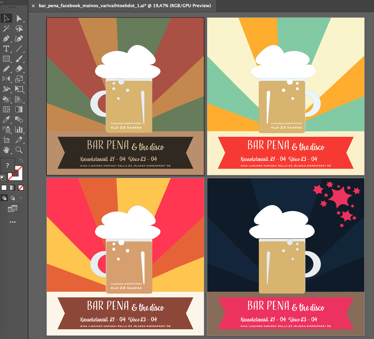 Bar Pena Facebook-mainoksen väriluonnoksia. Etualalla piirretty tuoppi, jonka taustan väritystä on vaihdettu eri tyyppiseksi.