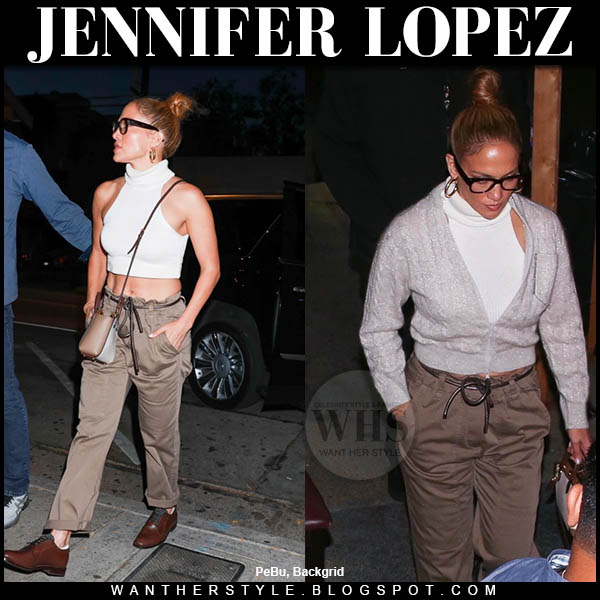Jennifer Lopez in white crop top and brown trousers