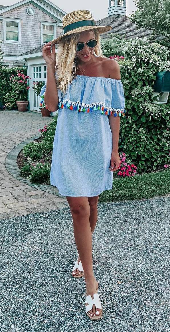 best summer outfit / hat + tassel dress + white slides