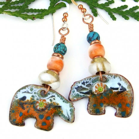 heartline bear earrings orange white turquoise enamel