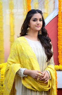 Keerthy Suresh in White Dress with Yellow Dupatta