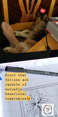 An artist draws a flower in ink at her desk and her cat is asleep on her leg under the desk.