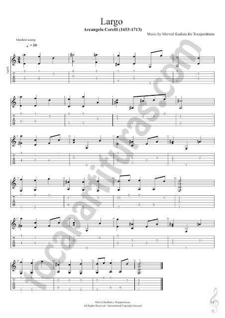 Partitura JPG del Largo de Corelli para Guitarra (Partitura y Tablatura) Fingering Style Easy Tabs Sheet Music for Guitar Beginners, Students and teachers for class of music (Tablature Sheet Music tabs)