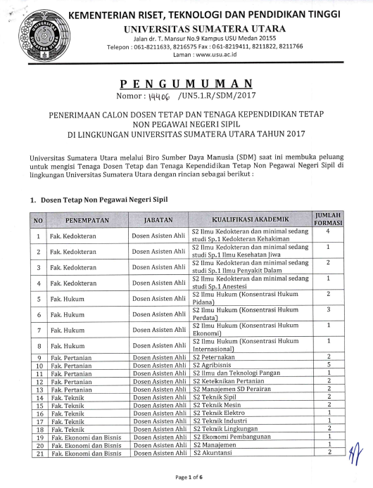 Penerimaan Calon Dosen Tetap dan Tenaga Kependikan Non Pegawai Negeri Sipil Universitas Sumatera Utara (USU)