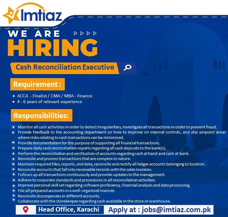 Imtiaz Super Market Announced Jobs For Cash Reconciliation Executive
