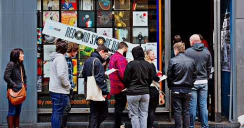People lined up outside a record store for Record Store Day