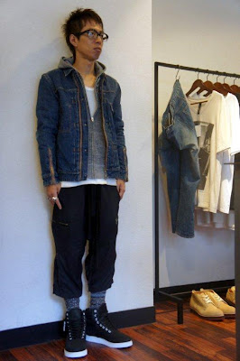 PUBLIC IMAGE（パブリックイメージ）Denim Jacket Indigoと SUPRA（スープラ）HENRY BLOOKLYN PACK BLACK WAX SUEDEを着用した写真