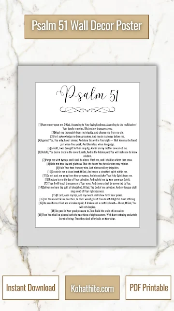 Psalms 51 Bible Prayer Asking For God's Forgiveness | Printable Bible Wall Art PDF Calligraphy Black White Simple Plain Image Design 1