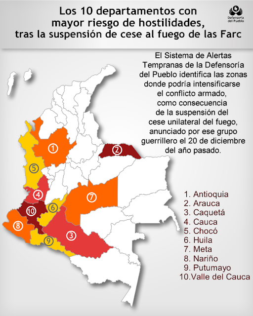 En riesgo de reanudación de guerra 10 departamentos colombianos.