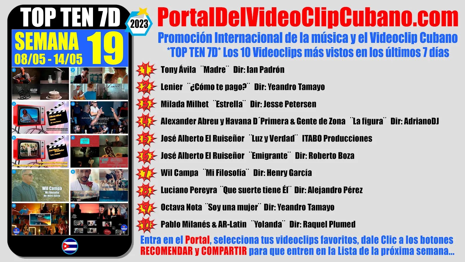 Artistas ganadores del * TOP TEN 7D * con los 10 Videoclips más vistos en la semana 19 (08/05 a 14/05 de 2023) en el Portal Del Vídeo Clip Cubano