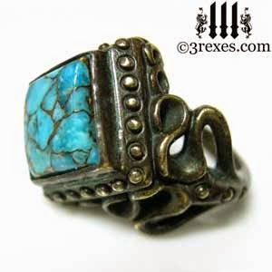 Gothic Dark Brass Raven Love Cocktail Ring with Blue Copper Turquoise Side Detail