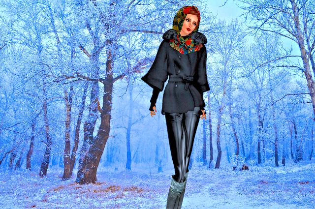 Samantha in snow covered forest wearing her Winter Wonder