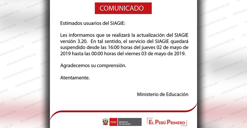 SIAGIE COMUNICADO: Suspensión del Servicio el Jueves 2 y Viernes 3 de Mayo - MINEDU - www.siagie.minedu.gob.pe