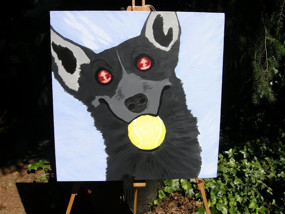 painting of black corgi dog with tennis ball in mouth