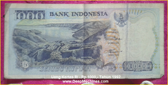 Gambar Mata Uang Kertas RI Rp 1000,- Tahun 1992 bergambar Danau Toba Sumatera