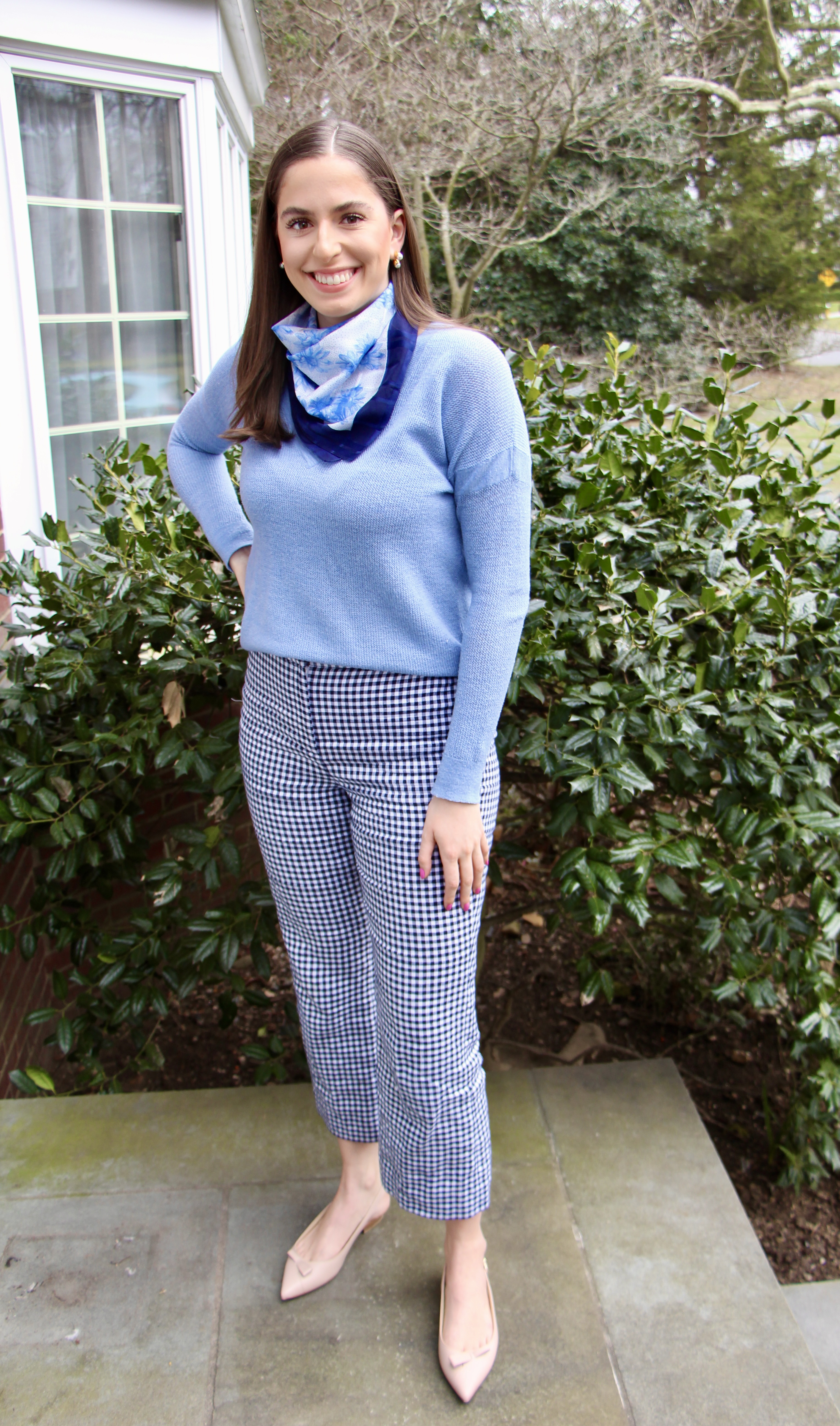 law school, english majors, college major, wake forest university, gingham pants, gingham, sarah flint, slingback, nude mules, silk scarf, blue sweater, silk scarf, floral scarf