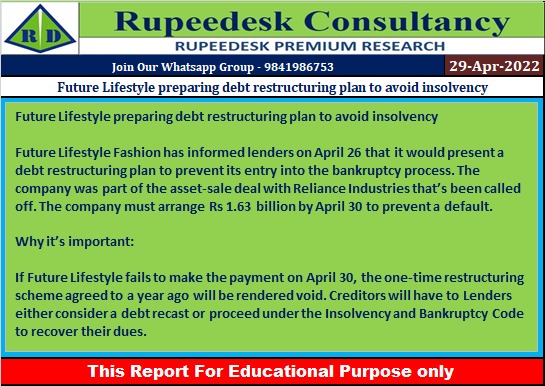 Future Lifestyle preparing debt restructuring plan to avoid insolvency - Rupeedesk Reports - 29.04.2022