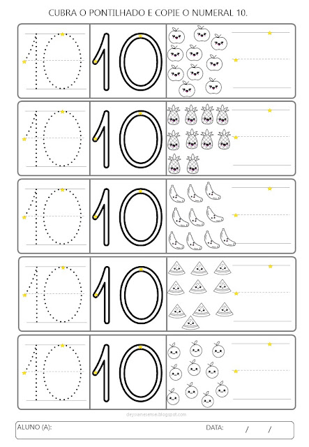 Recursos:  Fichas com os números de 1 a 10 para cobrir, copiar e colorir: Encontre diferentes atividades para cada número, como colagem com diferentes materiais, caligrafia e pintura com cores vibrantes. Materiais criativos: Lápis de cor, tintas, giz de cera, papel, cola, glitter, etc. Sua imaginação: Explore a criatividade e invente novas formas de aprender. Baixe as fichas de atividades, prepare seus materiais e embarque nesta jornada numérica inesquecível!  Ajude seu filho a dominar os números de 1 a 10 de forma divertida e personalizada!  Palavras-chave: Atividade Pré-escolar, Números de 1 a 10, Colagem, Cópia, Caligrafia, Pintura, Coordenação Motora Fina, Raciocínio Lógico, Contagem, Criatividade, Aprendizagem, Diversão, Mural Colorido.  Dicas para tornar a atividade ainda mais especial:  Cante músicas sobre os números enquanto a criança realiza as atividades. Crie jogos de adivinhação com os números. Conte histórias que utilizem os números como personagens. Exponha os números que a criança completou em um lugar especial. O importante é que a criança se divirta enquanto aprende!  Exemplo de atividade para o número 1:  Cole 1 pompom no círculo. Desenhe 1 flor. Escreva o número 1 no espaço indicado. Pinte o número 1 com a cor que você mais gosta. Explore as diversas atividades disponíveis para cada número e personalize a jornada de aprendizado do seu filho!