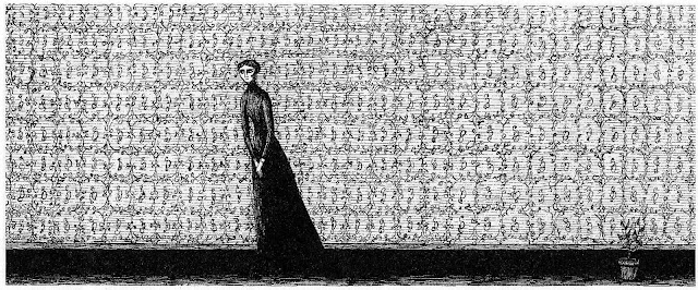 an Edward Gorey drawing of a woman at home